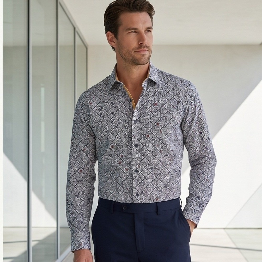 Paul Fredrick Mens L Slim Fit Button Up Shirt Geometric Long Staple Cotton Large